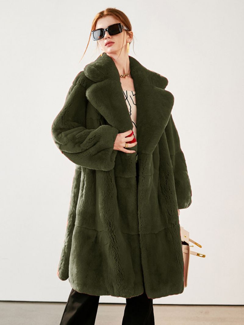 Faux Fur Coat Collared Belted Longline Vinterovertøj Til Kvinder - Jægergrøn