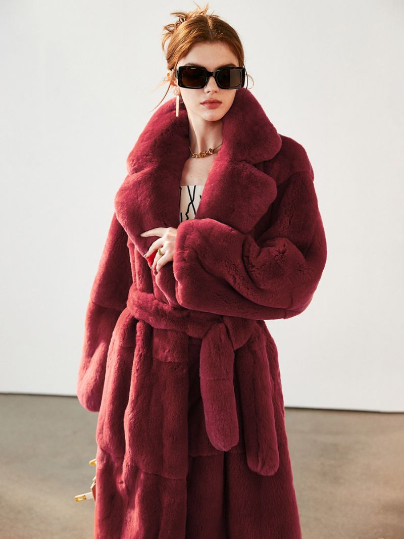 Faux Fur Coat Collared Belted Longline Vinterovertøj Til Kvinder - Burgunder