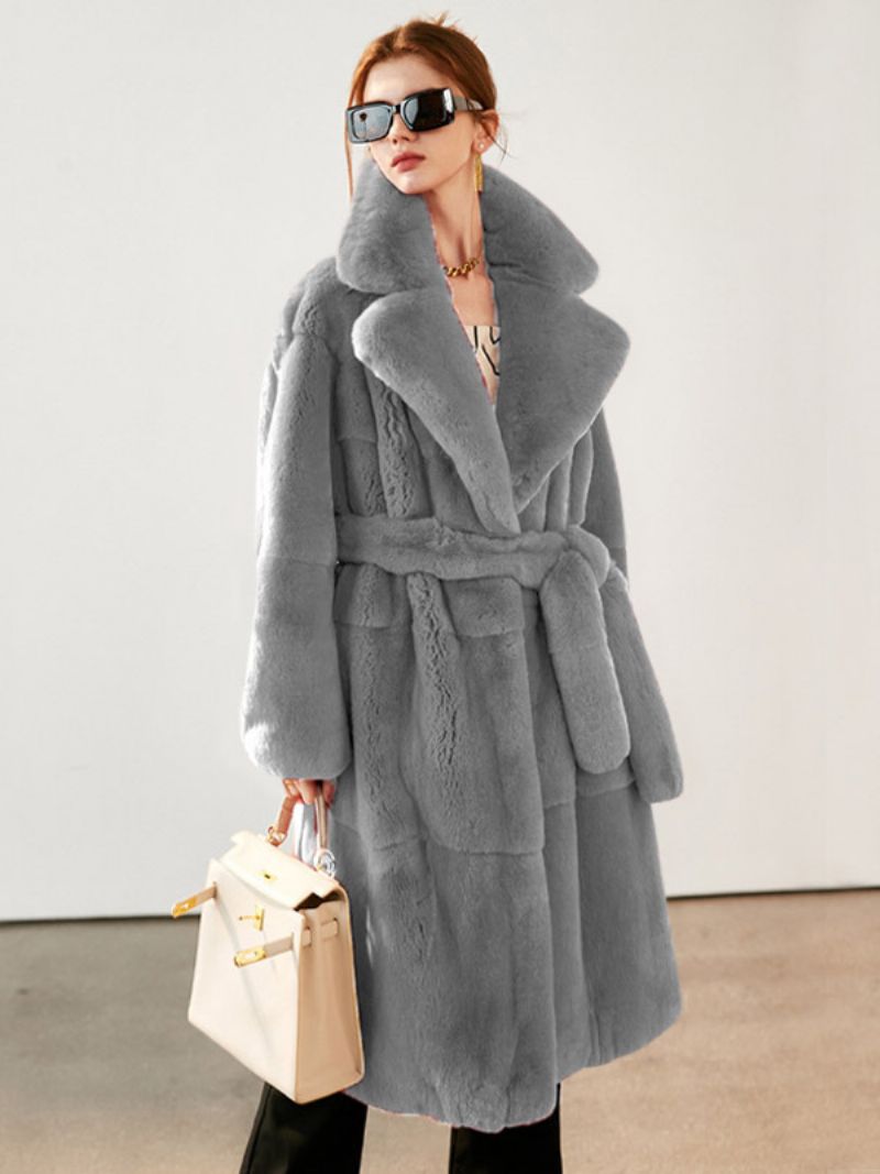 Faux Fur Coat Collared Belted Longline Vinterovertøj Til Kvinder - Grå