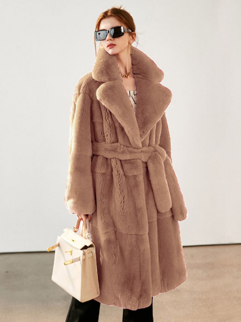 Faux Fur Coat Collared Belted Longline Vinterovertøj Til Kvinder - Kamel