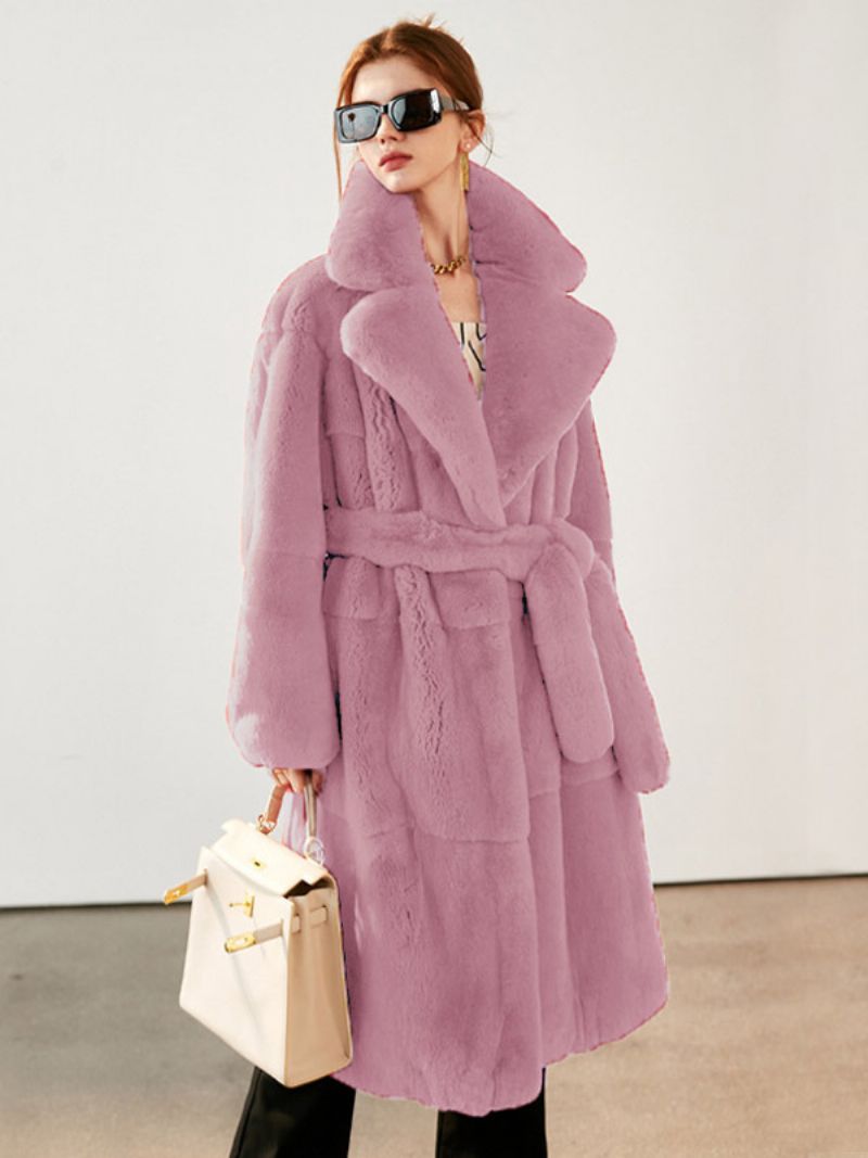 Faux Fur Coat Collared Belted Longline Vinterovertøj Til Kvinder - Pink