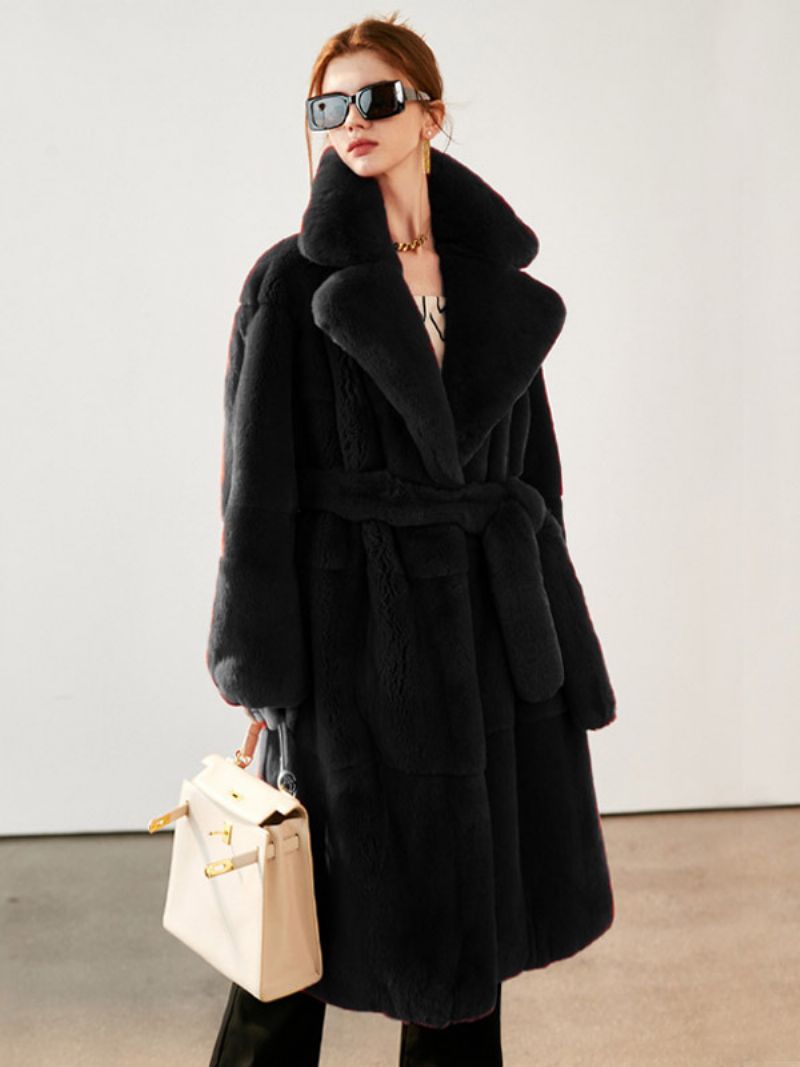 Faux Fur Coat Collared Belted Longline Vinterovertøj Til Kvinder - Sort