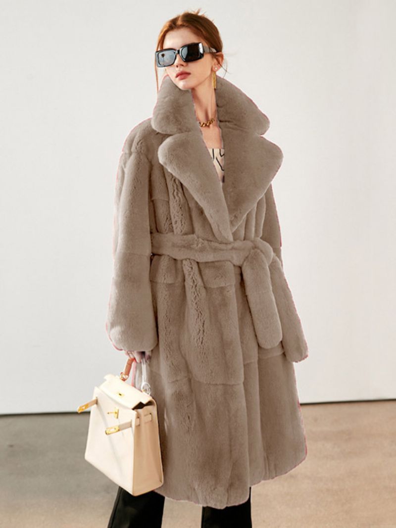 Faux Fur Coat Collared Belted Longline Vinterovertøj Til Kvinder - Khaki