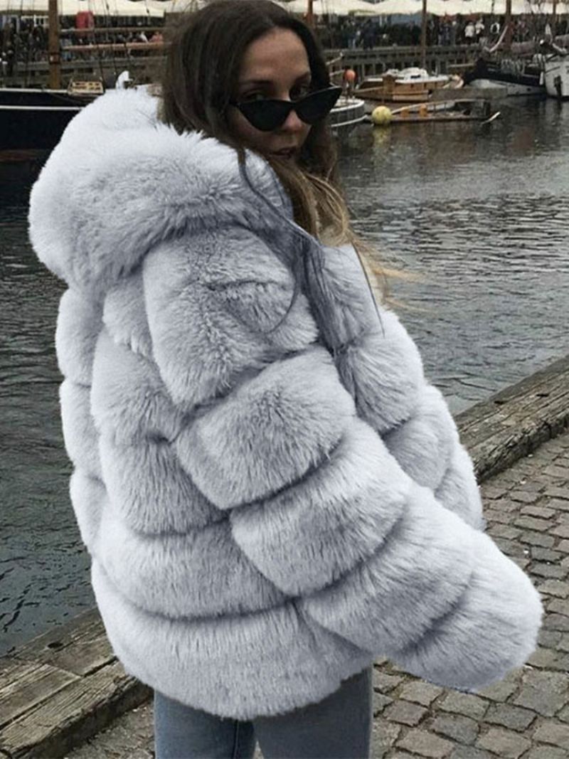 Faux Fur Coat Hætte Varm Vinter Kort Plys Overtøj Til Kvinder - Grå