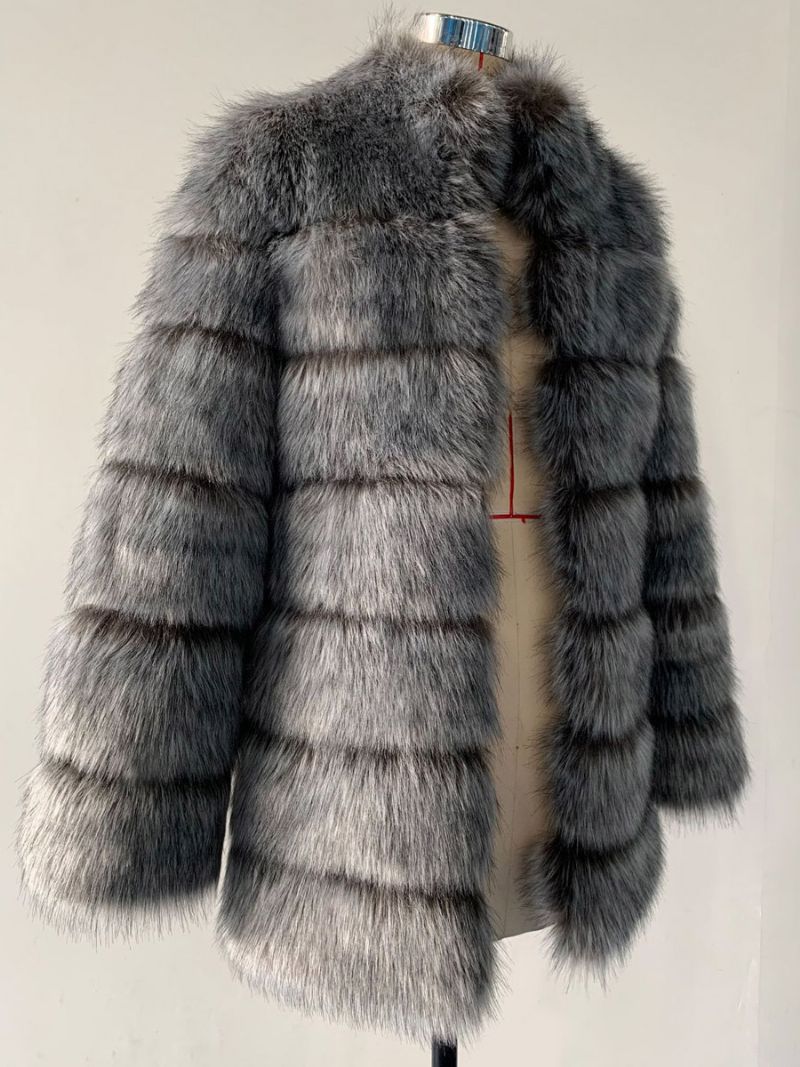 Faux Fur Coat Stand Krave Langærmet Ensfarvet Overtøj Til Kvinder - Sølv