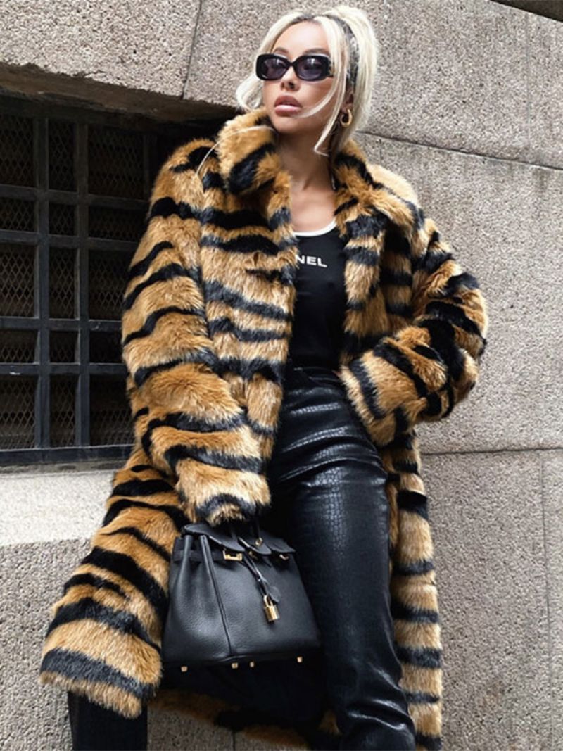 Faux Fur Coat Tiger Print Vinter Midi Overtøj Til Kvinder