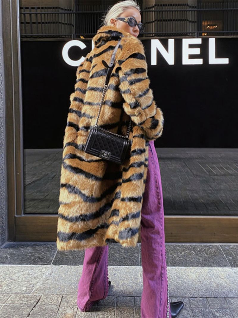 Faux Fur Coat Tiger Print Vinter Midi Overtøj Til Kvinder - Kaffe Brun