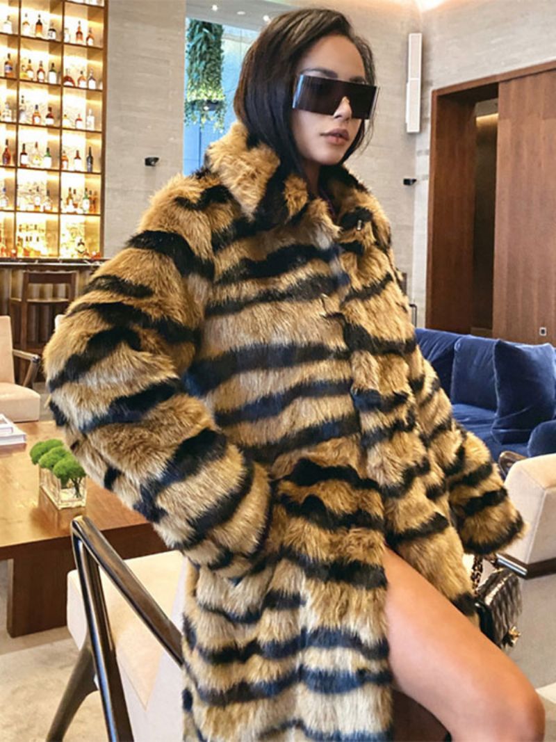 Faux Fur Coat Tiger Print Vinter Midi Overtøj Til Kvinder - Kaffe Brun