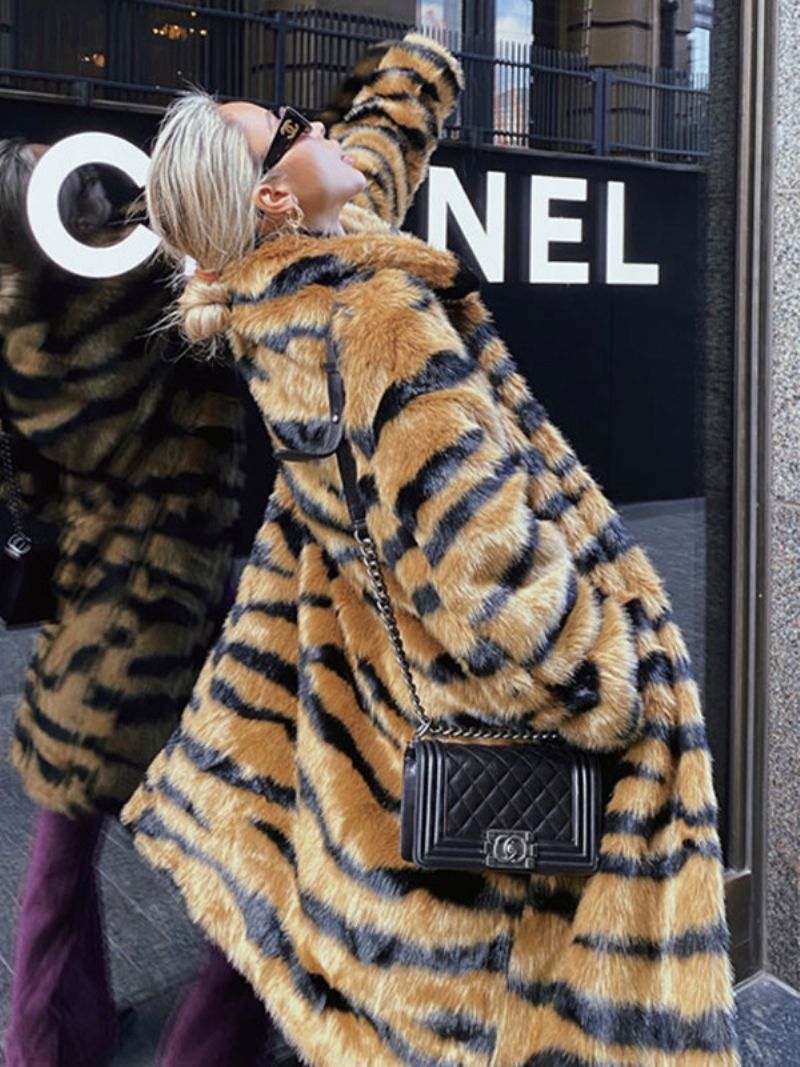 Faux Fur Coat Tiger Print Vinter Midi Overtøj Til Kvinder - Kaffe Brun