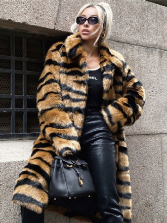 Faux Fur Coat Tiger Print Vinter Midi Overtøj Til Kvinder