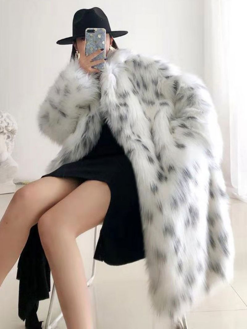 Faux Fur Coat Two Tone Vinterlangt Overtøj Til Kvinder - Hvid