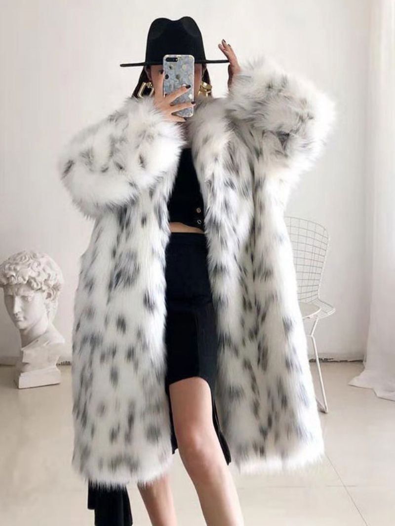 Faux Fur Coat Two Tone Vinterlangt Overtøj Til Kvinder - Hvid