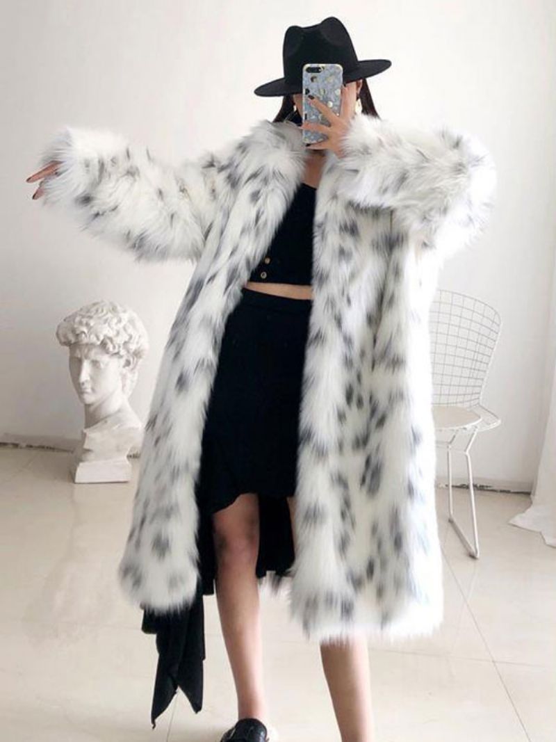 Faux Fur Coat Two Tone Vinterlangt Overtøj Til Kvinder - Hvid