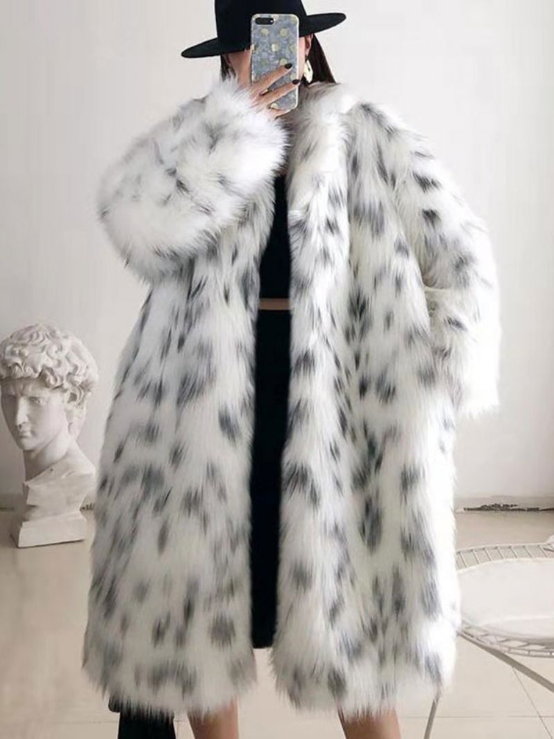 Faux Fur Coat Two Tone Vinterlangt Overtøj Til Kvinder - Hvid