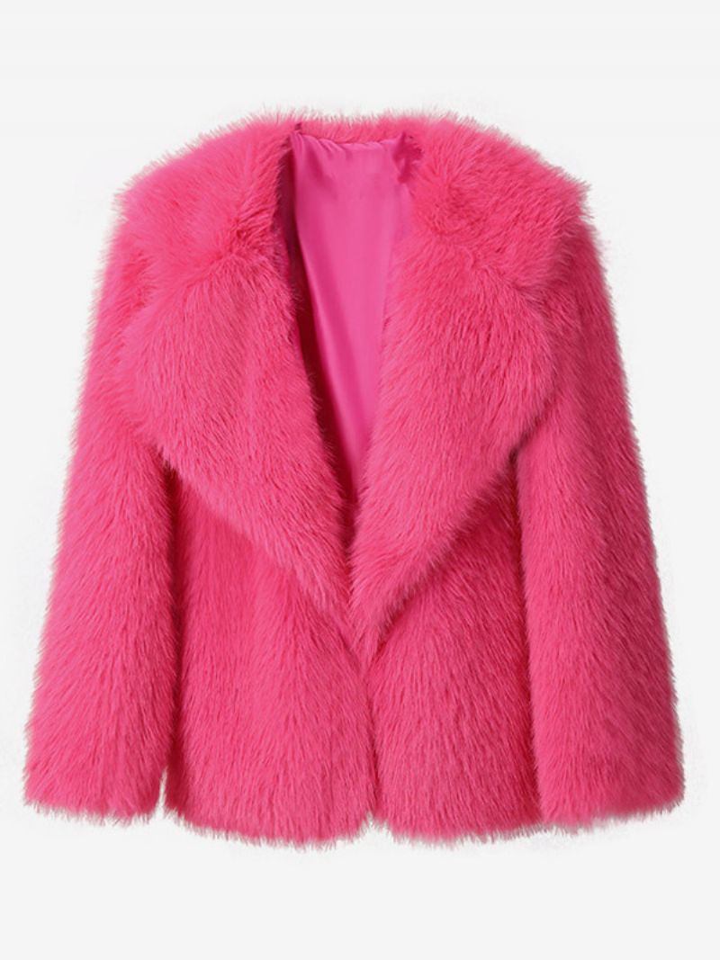 Faux Fur Coat Vandfaldskrave Ensfarvet Vinterovertøj Til Kvinder - Rose