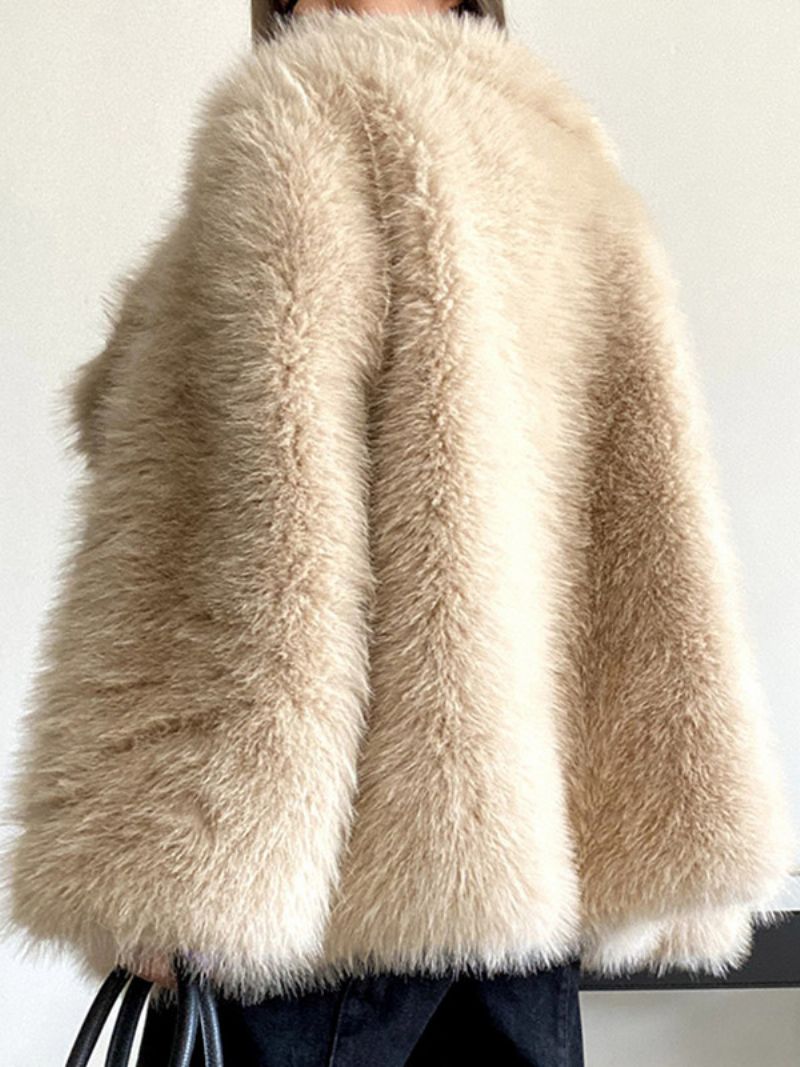 Faux Fur Coat Vandfaldskrave Ensfarvet Vinterovertøj Til Kvinder - Beige