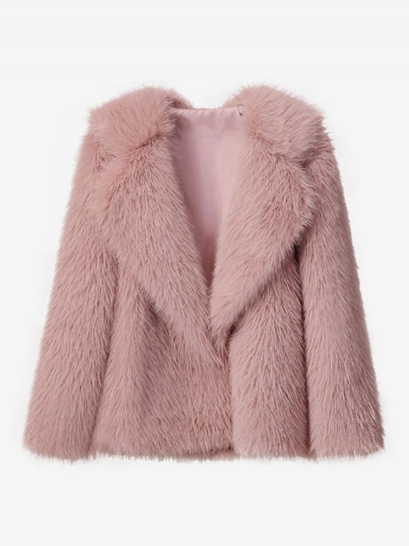 Faux Fur Coat Vandfaldskrave Ensfarvet Vinterovertøj Til Kvinder - Pink