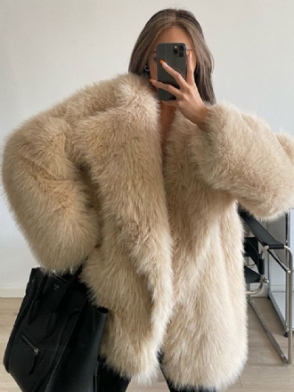 Faux Fur Coat Vandfaldskrave Ensfarvet Vinterovertøj Til Kvinder