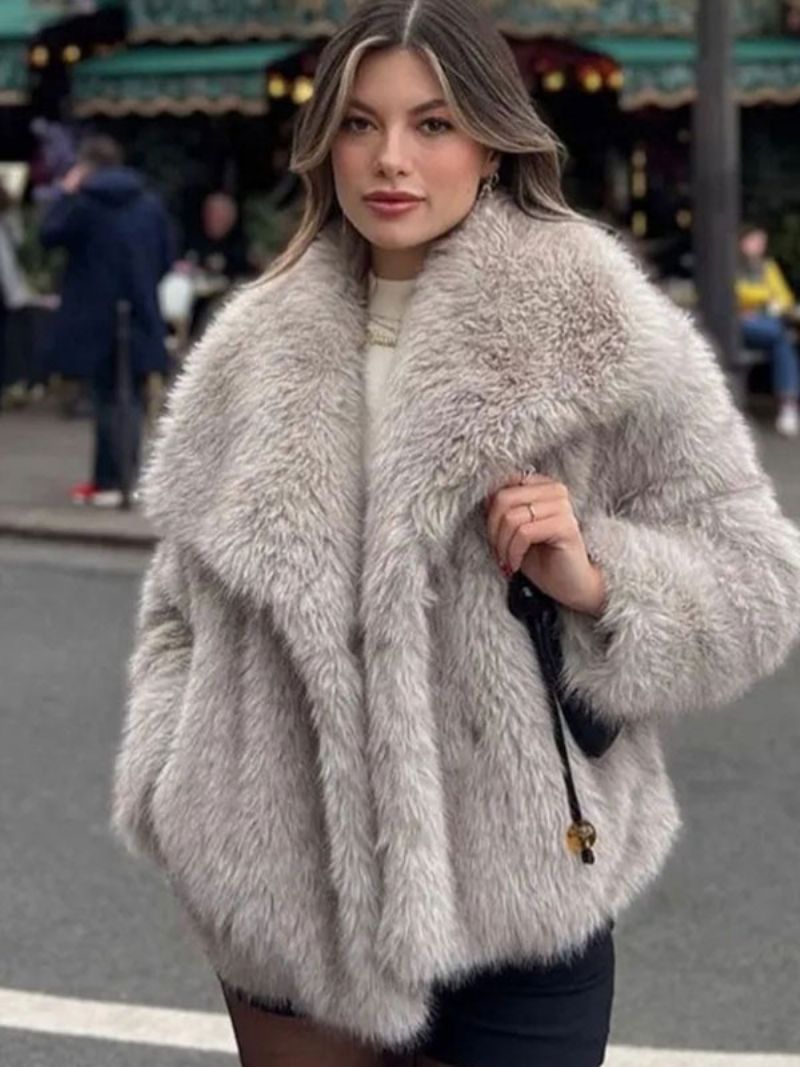 Faux Fur Coats Collared Åben Front Lange Ærmer Dame Overtøj