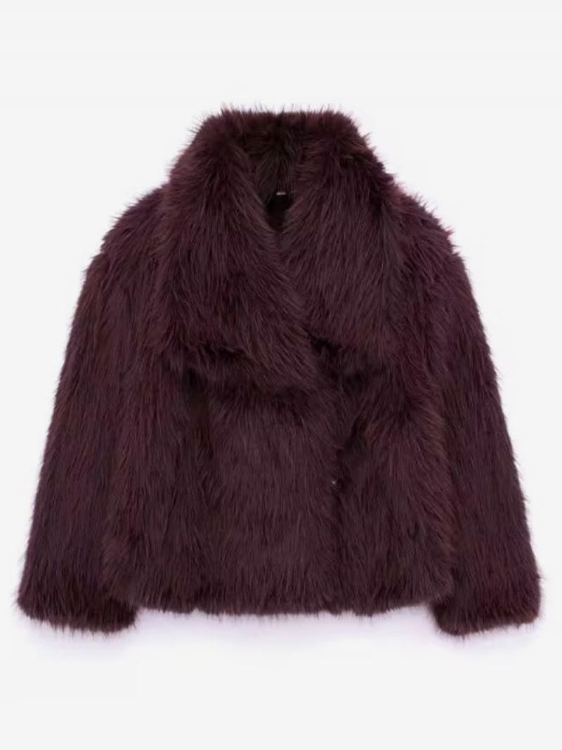 Faux Fur Coats Collared Åben Front Lange Ærmer Dame Overtøj - Bourgogne