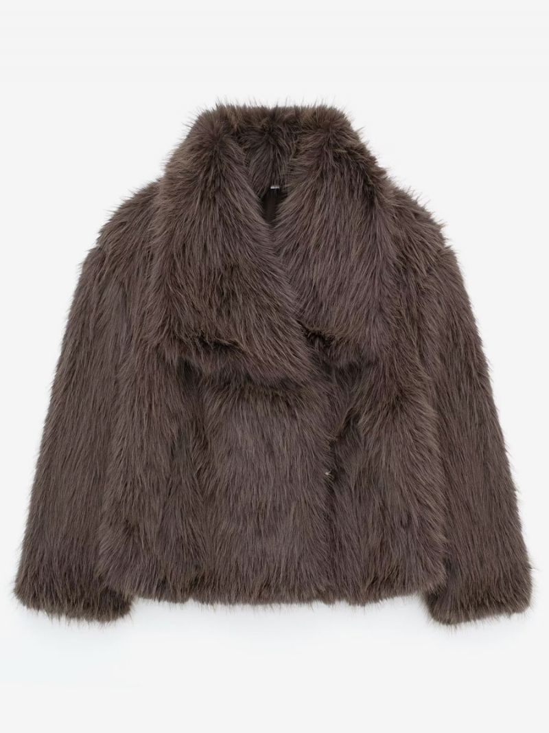 Faux Fur Coats Collared Åben Front Lange Ærmer Dame Overtøj - Kaffe Brun