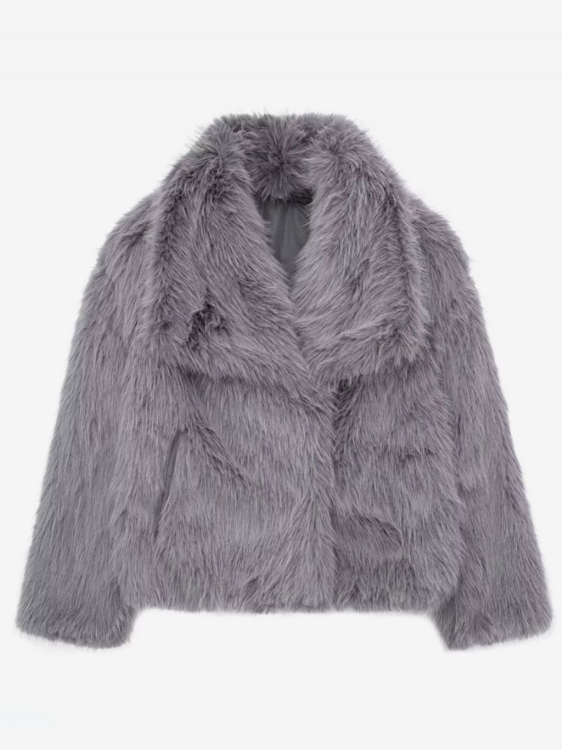 Faux Fur Coats Collared Åben Front Lange Ærmer Dame Overtøj - Grå