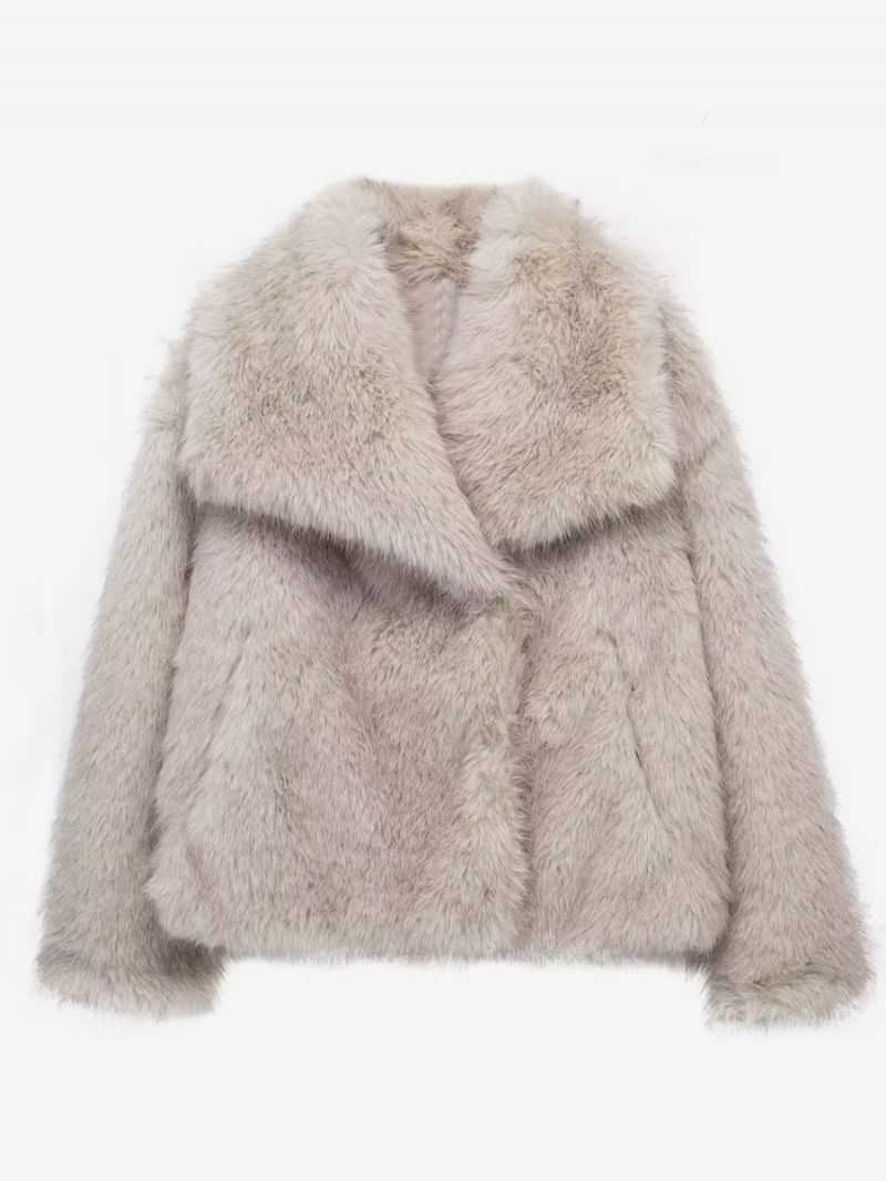 Faux Fur Coats Collared Åben Front Lange Ærmer Dame Overtøj - Beige