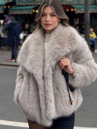 Faux Fur Coats Collared Åben Front Lange Ærmer Dame Overtøj