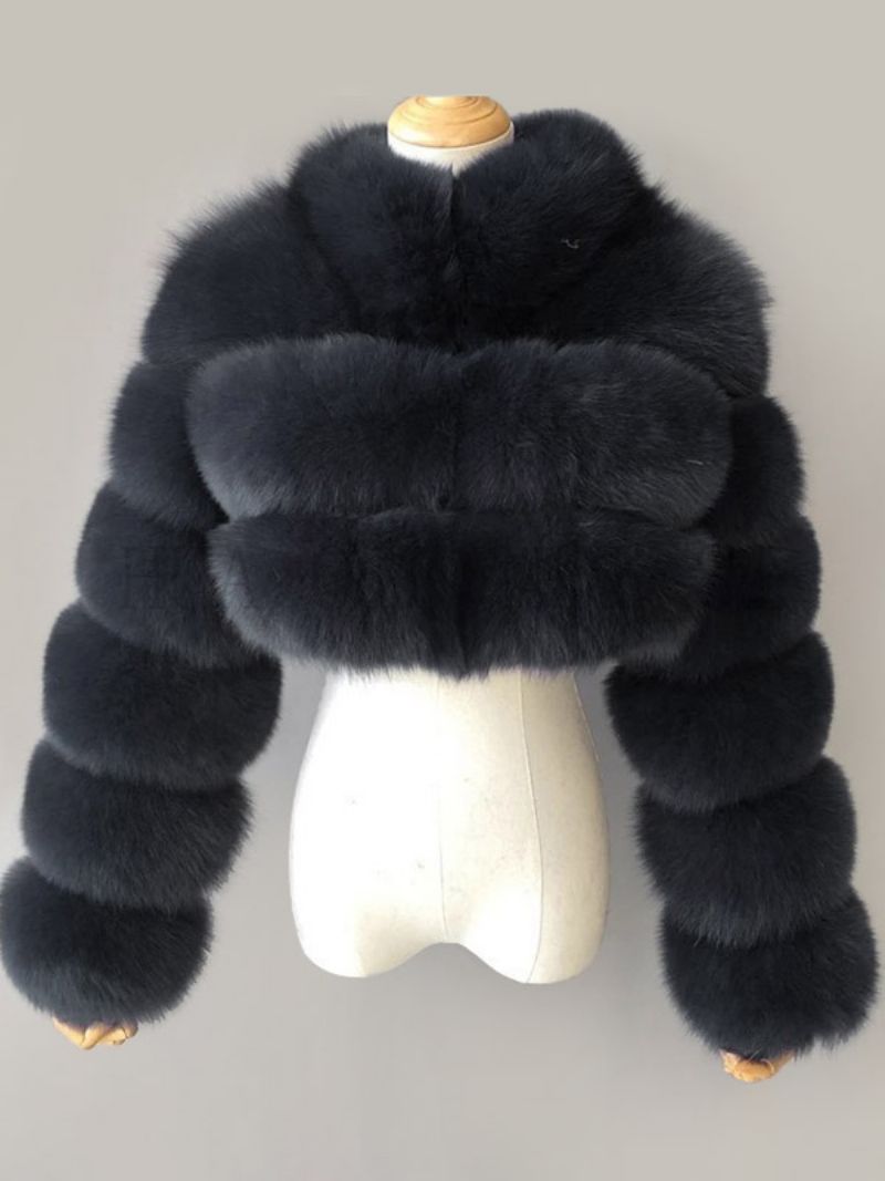 Faux Fur Coats Collared Button Front Kort Overtøj Til Kvinder - Dyb Grå