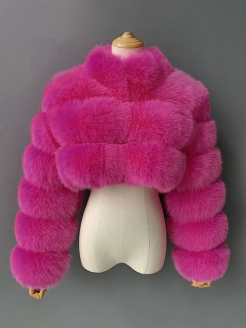 Faux Fur Coats Collared Button Front Kort Overtøj Til Kvinder - Rose