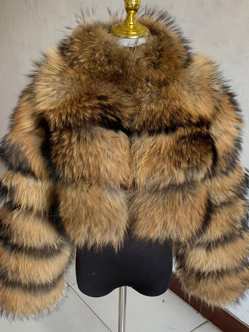 Faux Fur Coats Collared Button Front Kort Overtøj Til Kvinder - Kaffebrun