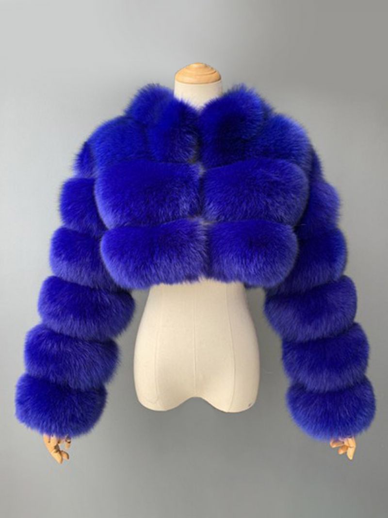 Faux Fur Coats Collared Button Front Kort Overtøj Til Kvinder - Kongeblå