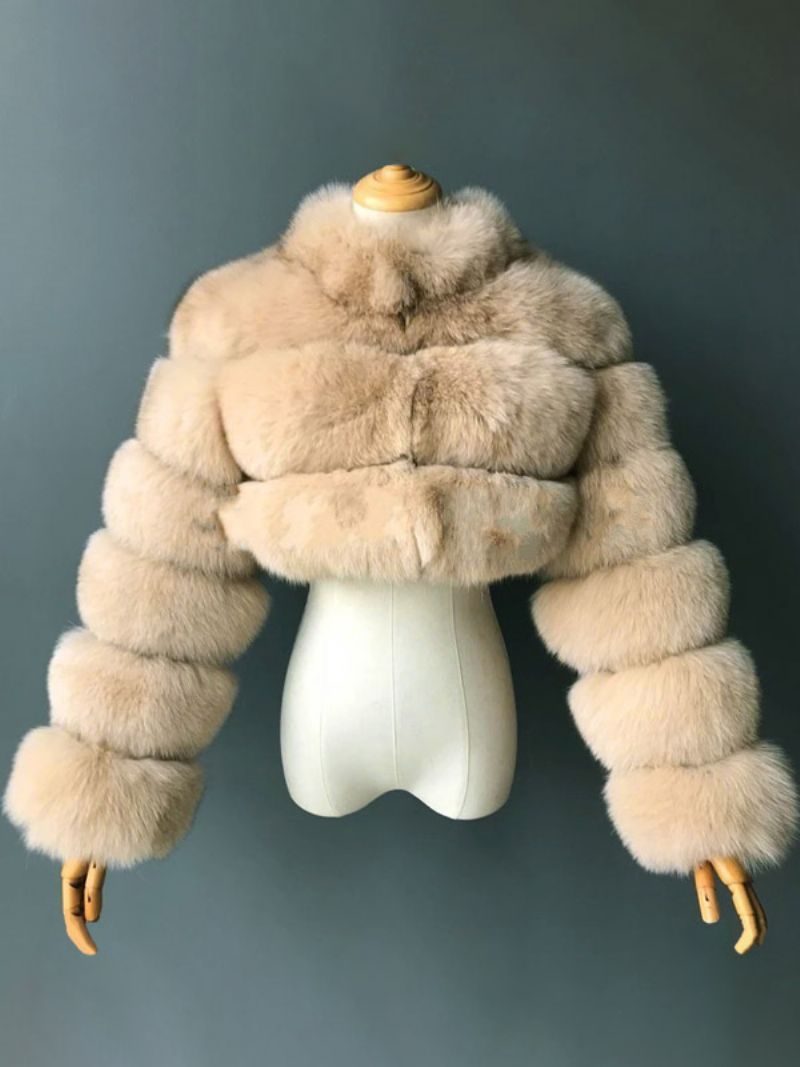 Faux Fur Coats Collared Button Front Kort Overtøj Til Kvinder - Kamel