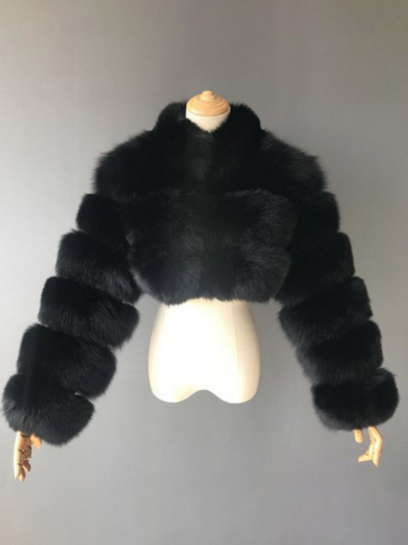 Faux Fur Coats Collared Button Front Kort Overtøj Til Kvinder - Sort