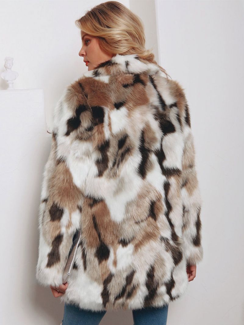 Faux Fur Coats Color Block Kvinder Vinter Ydertøj - Kaffe Brun