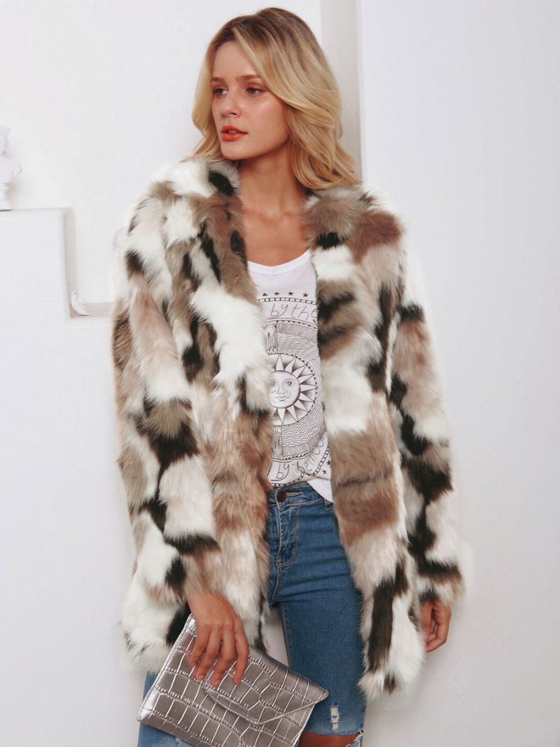 Faux Fur Coats Color Block Kvinder Vinter Ydertøj - Kaffe Brun