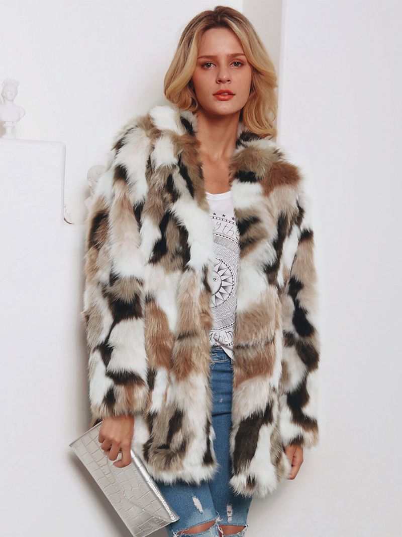 Faux Fur Coats Color Block Kvinder Vinter Ydertøj - Kaffe Brun