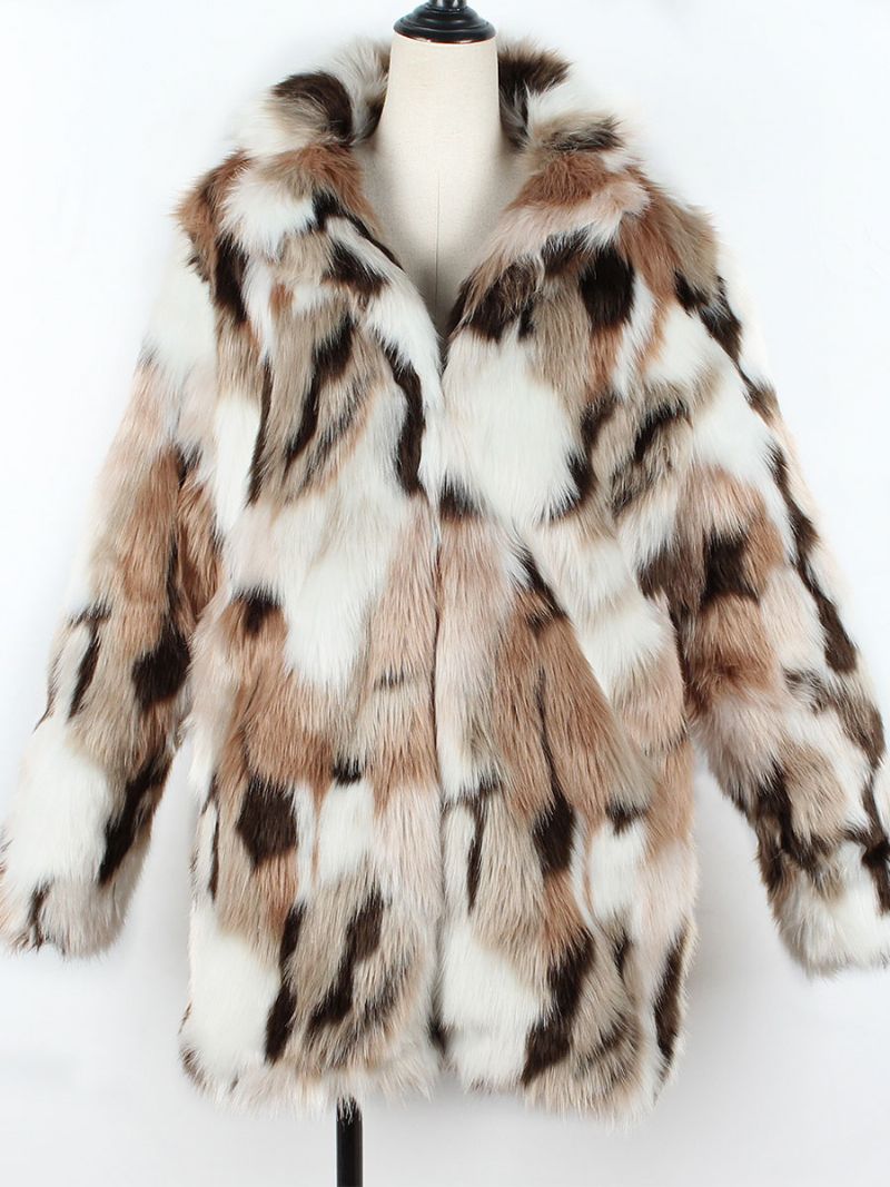 Faux Fur Coats Color Block Kvinder Vinter Ydertøj - Kaffe Brun