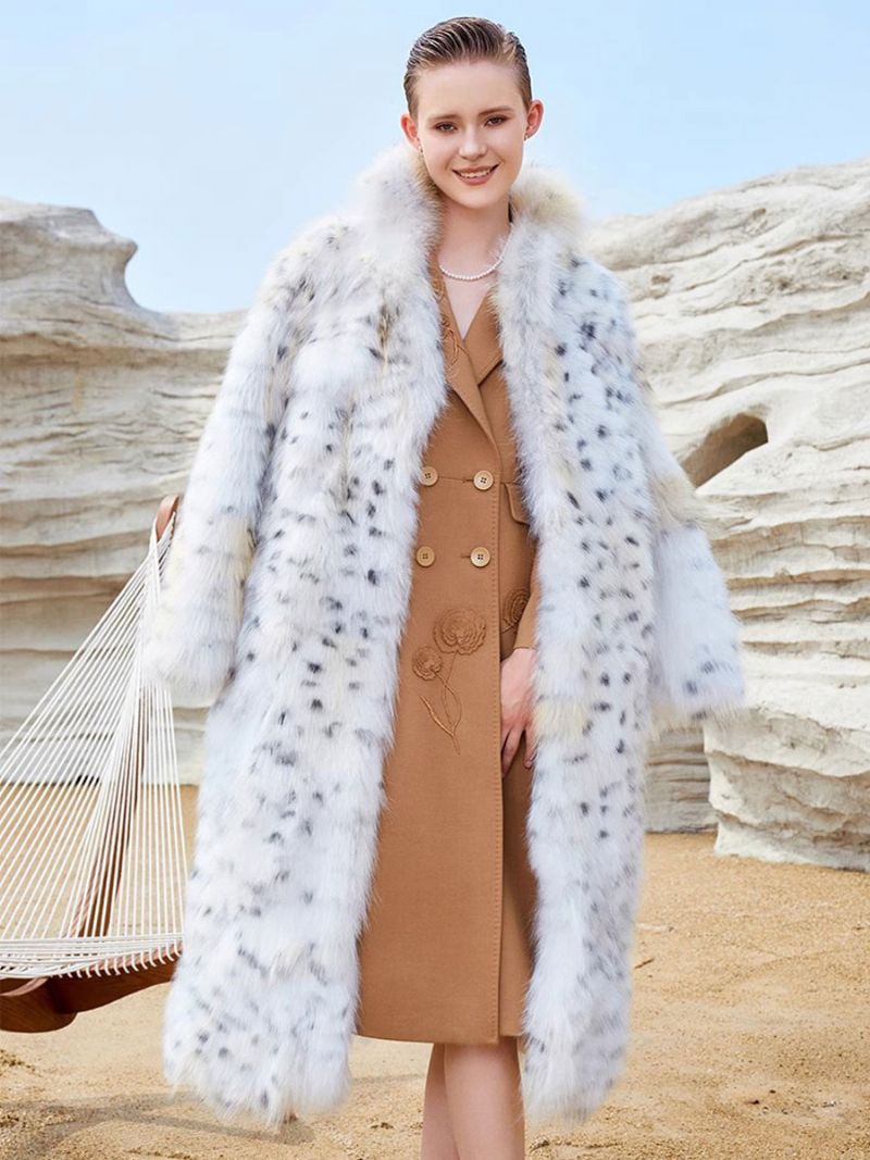 Faux Fur Coats Hvid Animal Print Oversized Damer Langt Overtøj