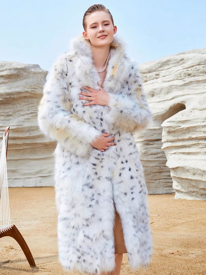 Faux Fur Coats Hvid Animal Print Oversized Damer Langt Overtøj - Hvid