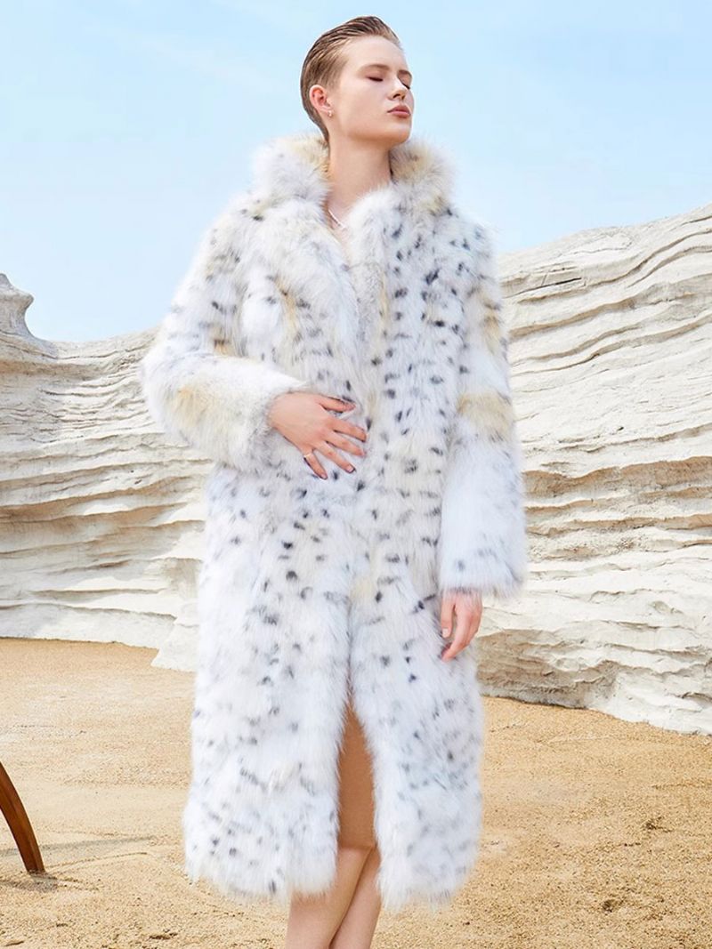 Faux Fur Coats Hvid Animal Print Oversized Damer Langt Overtøj - Hvid