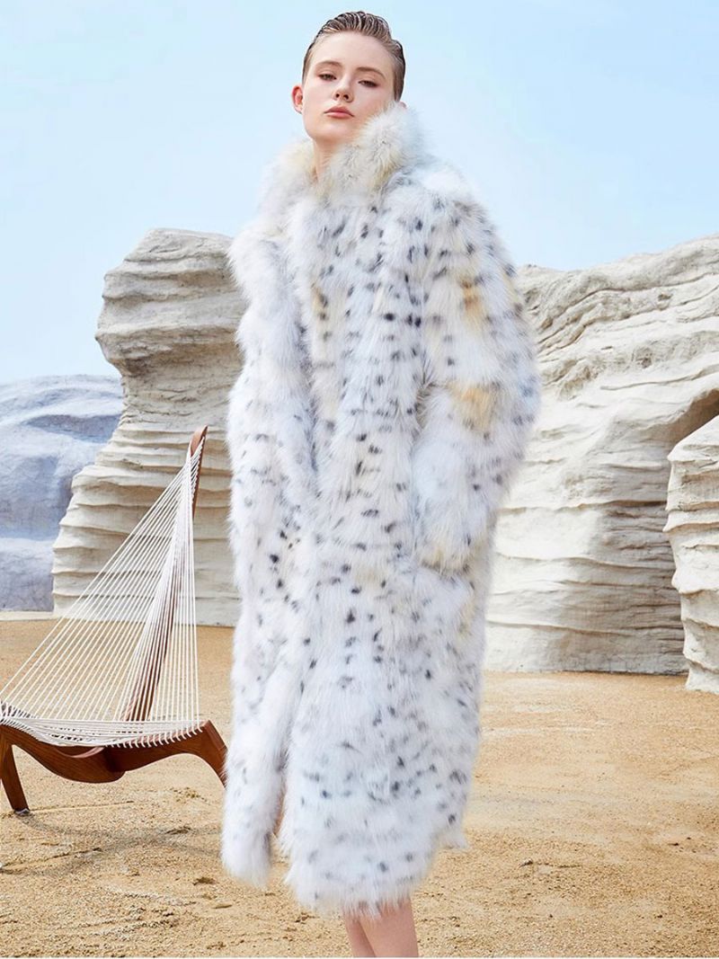 Faux Fur Coats Hvid Animal Print Oversized Damer Langt Overtøj - Hvid