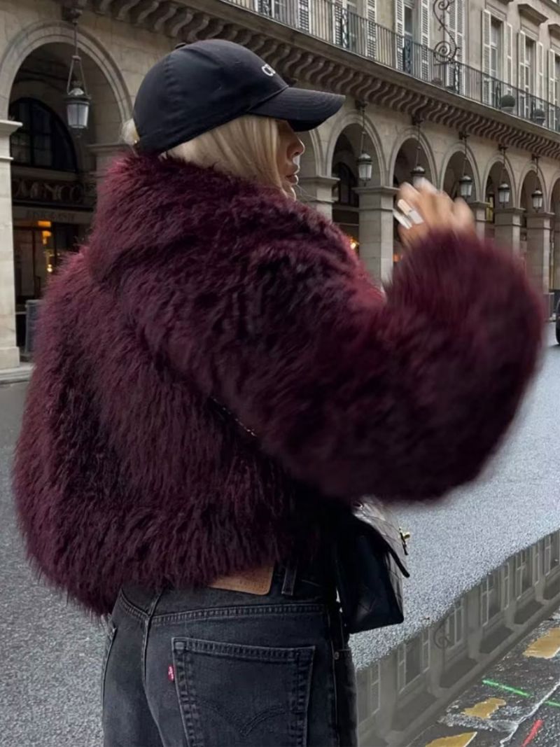 Faux Fur Coats Langærmede Åben Front Vinterovertøj Til Kvinder - Bourgogne