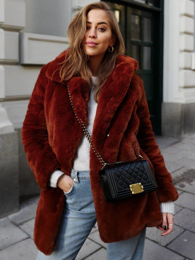 Faux Fur Coats Lange Ærmer Casual Coat Oversized Turndown Krave Abrikos Dame Frakke