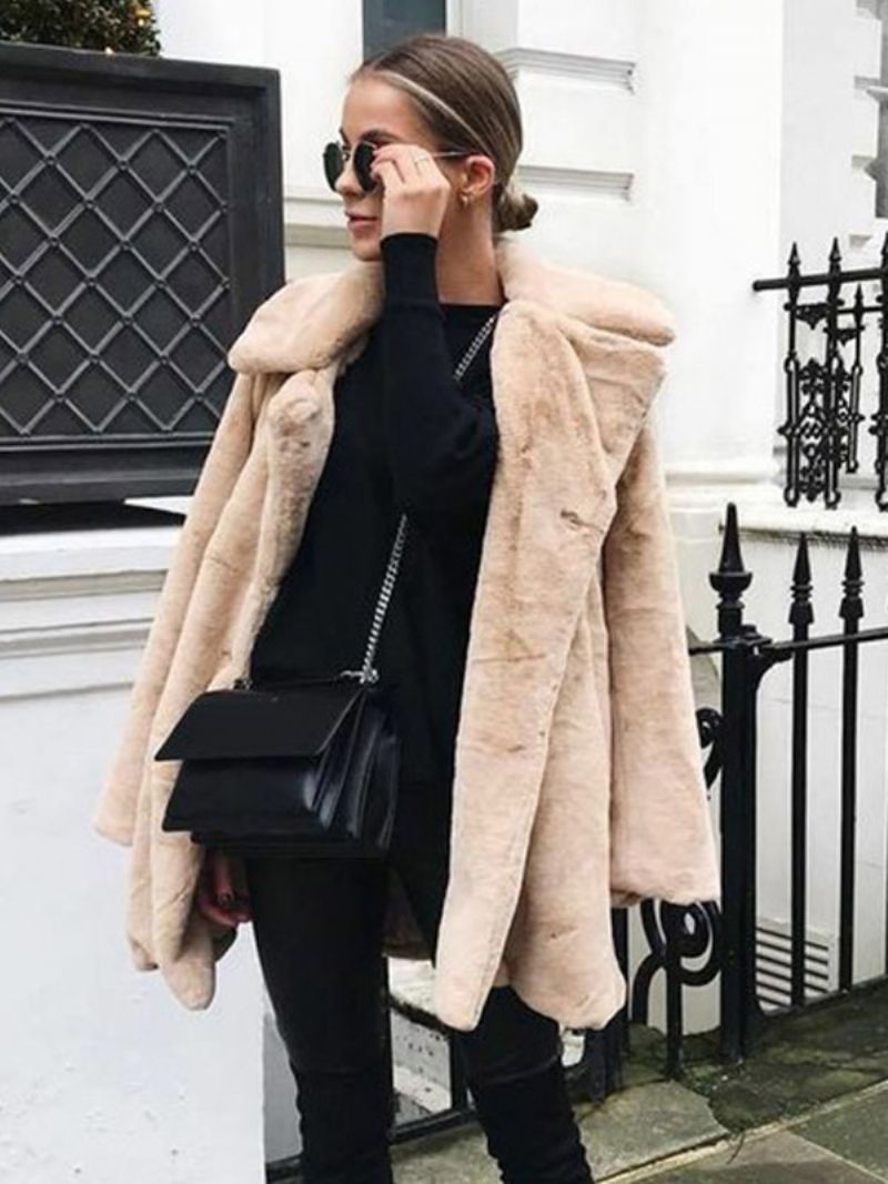 Faux Fur Coats Lange Ærmer Casual Coat Oversized Turndown Krave Abrikos Dame Frakke - Lysegul