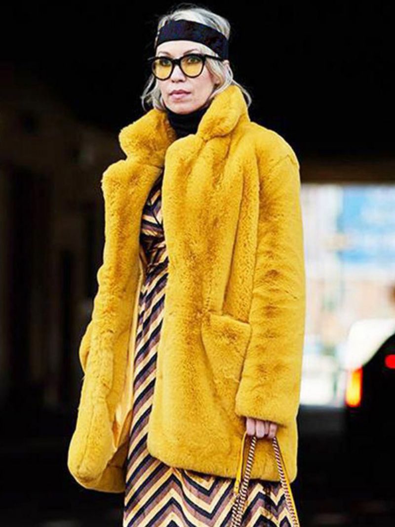 Faux Fur Coats Lange Ærmer Casual Coat Oversized Turndown Krave Abrikos Dame Frakke - Gul