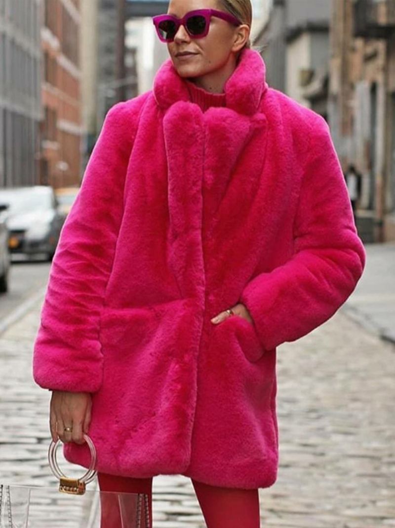 Faux Fur Coats Lange Ærmer Casual Coat Oversized Turndown Krave Abrikos Dame Frakke - Rose