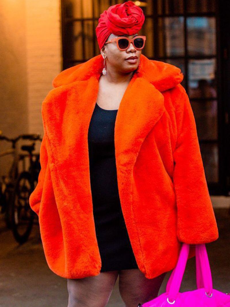 Faux Fur Coats Lange Ærmer Casual Coat Oversized Turndown Krave Abrikos Dame Frakke - Orange