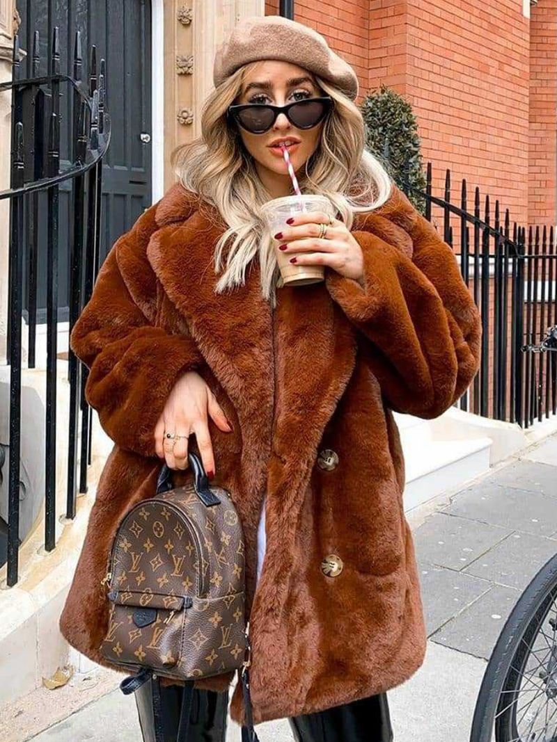 Faux Fur Coats Lange Ærmer Casual Coat Oversized Turndown Krave Abrikos Dame Frakke - Kaffebrun