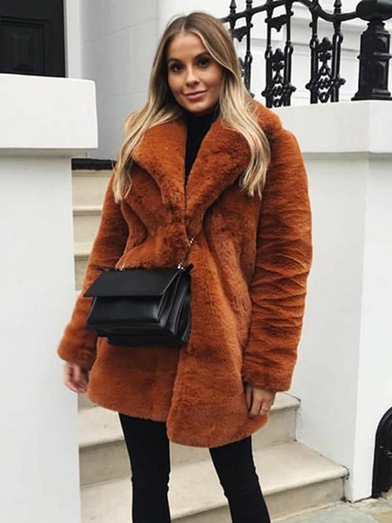 Faux Fur Coats Lange Ærmer Casual Coat Oversized Turndown Krave Abrikos Dame Frakke - Kaffebrun